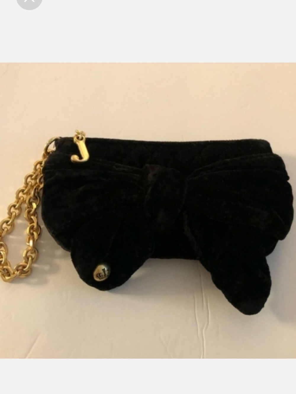 Juicy Couture Y2k Vintage Black Velvet Bow Clutch with Gold Brass Chain & Charm